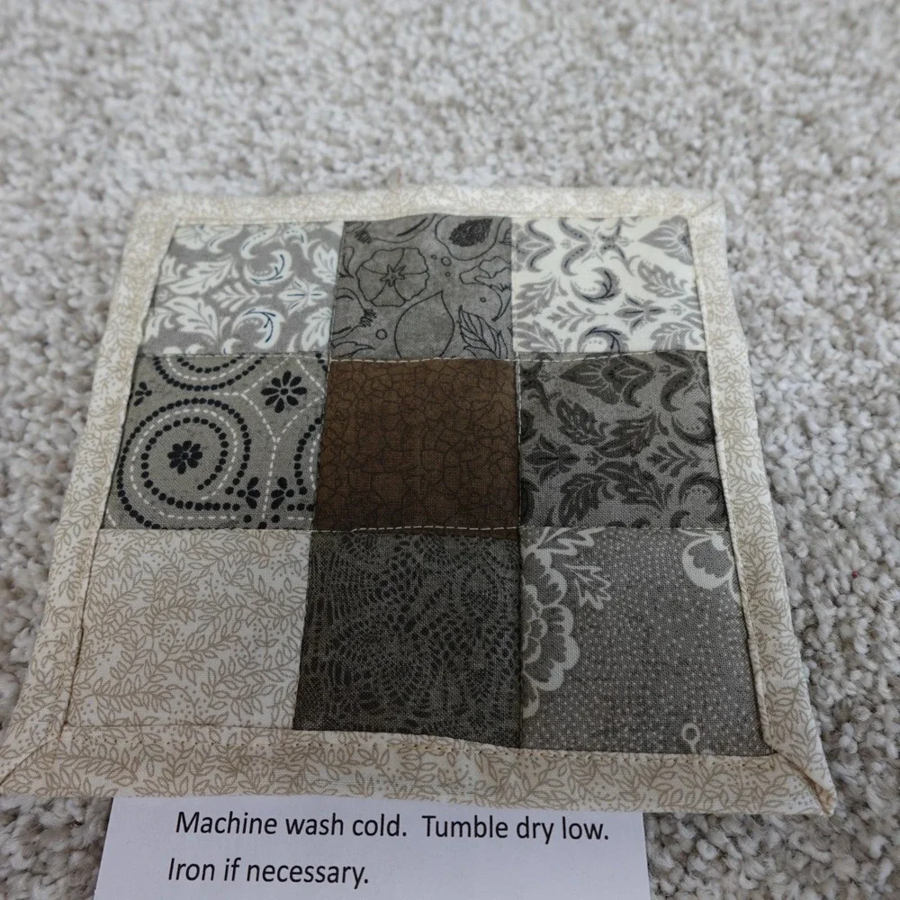 Handmade Quilted 9 Patch Mug Rug Set 2 Cream Grey Brown Cotton Coasters 6x6.5